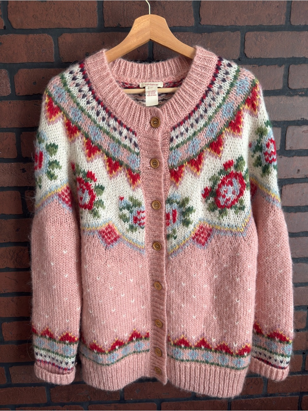 Sundance Cottage Fair Isle Wool Cardigan Sweater M Nordic Floral Pink